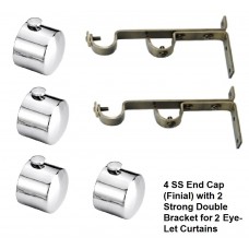 Ddrapes - 4 SS End CAP Finial With 2 Eye-let LONG Double Bracket for 2 Curtain Rod  (Both eye-let Curtain) 